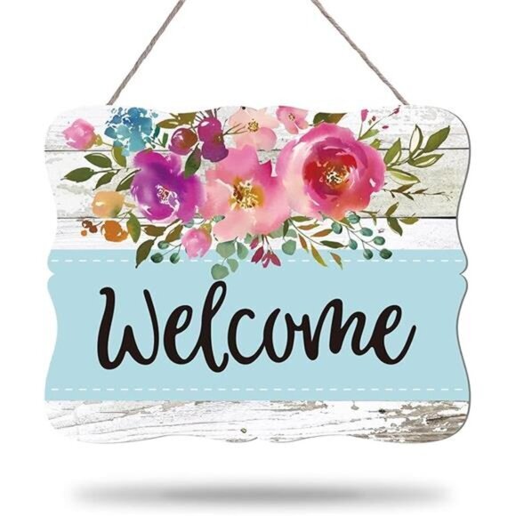 Welcome Hanging Sign Front Door Decor Wooden Welcome Sign Watercolor Floral - Picture 8 of 8